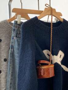 蝴蝶结钩针编织秋季毛衣，女式罗纹圆领套头针织上衣，可爱又青春 - 藏蓝色 - 查看 5