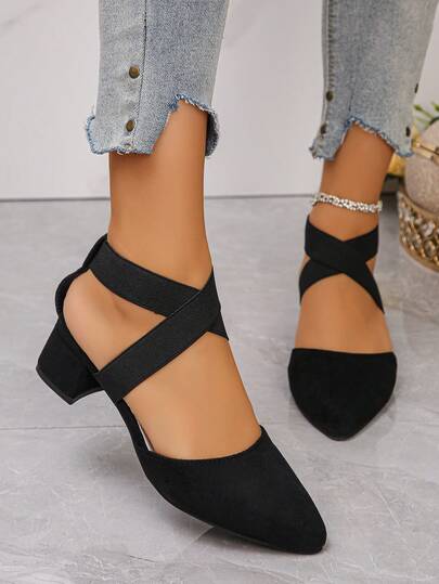 New Summer Closed Toe Sandals For Women, Thick Heel, Criss-Cross Elastic Strap, French Retro Style, Versatile, Pointed Toe, Suede, High Heel, Suitable With Dresses