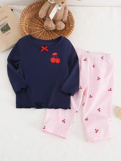 2pcs/Set Baby Girls' Navy Blue Ribbed Cherry Print Long Sleeve Top & Pants Loungewear Set, Spring/Autumn