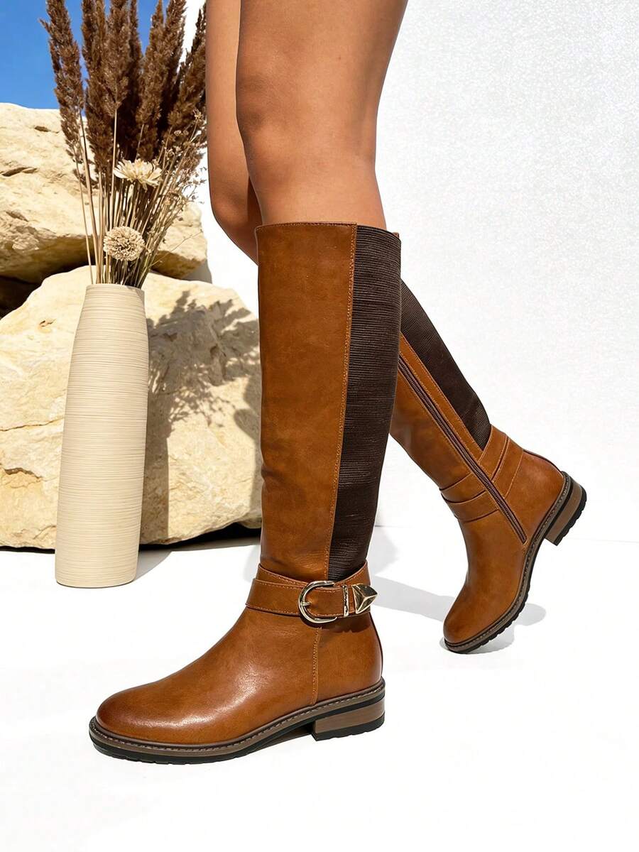 Stivali alti da donna di alta qualità per autunno/inverno, con tacco basso e suola piatta elasticizzata, ideali per tutti i giorni, le vacanze, il lavoro e gli spostamenti quotidiani. - Cammello - Visualizzare 1