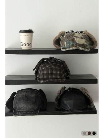 1顶保暖复古做旧迷彩飞行员帽，男女通用，带护耳，拉绒保暖防风飞行员帽，秋冬季