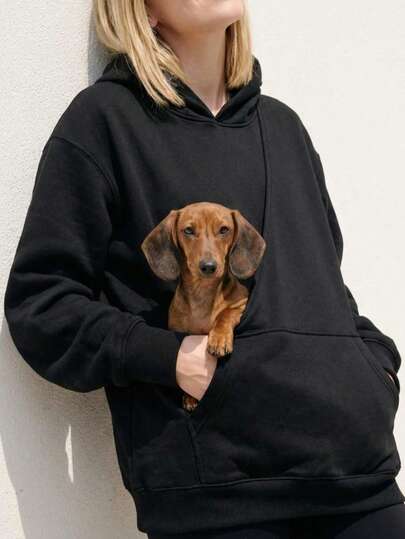 Oversized Hooded Sweatshirt For Pets, Loose Long Style, Thermal Lined For Warmth, Comfortable Solid Color Front Pocket Sweatshirt, Suitable For Autumn/Winter Occasions When Carrying Pets, Such As Walking Dogs, Strolling, And Commuting.