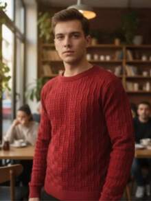 Men's Long Sleeve Knit Sweater For Winter 3D - Red - View 1