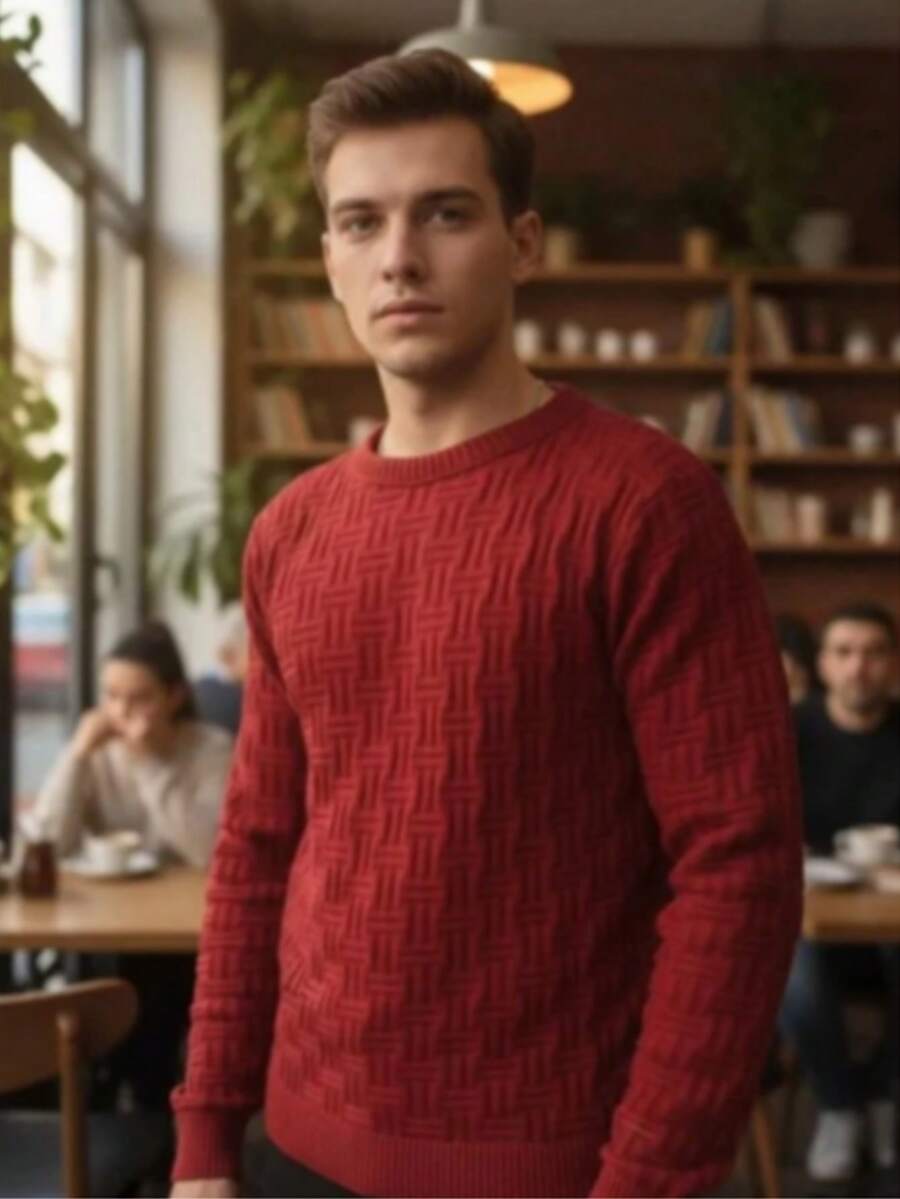 Men's Long Sleeve Knit Sweater For Winter 3D - Red - View 1