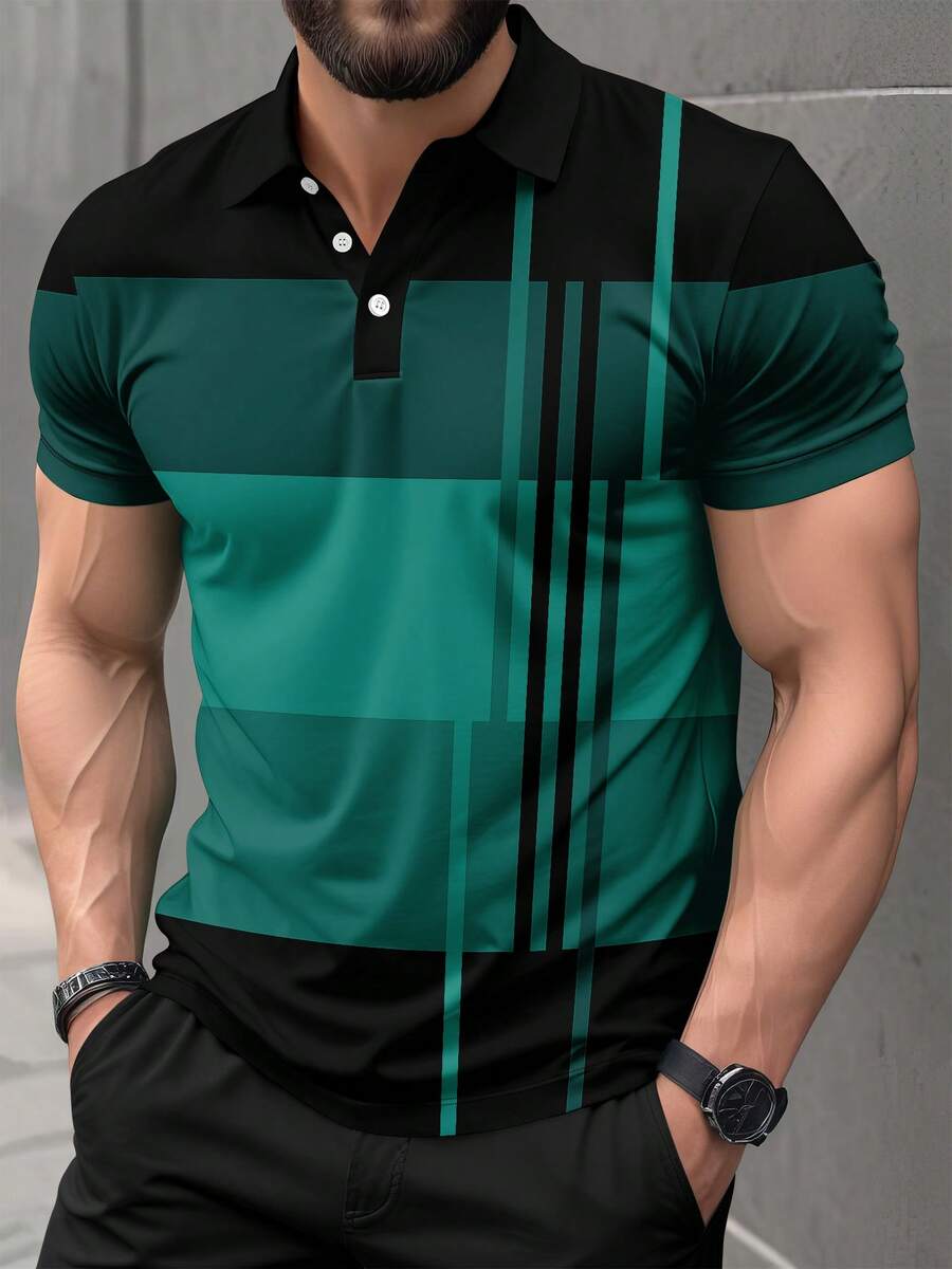 Plus Size Men's Casual Business Contrast Color Short Sleeve Polo Shirt - Green - View 1