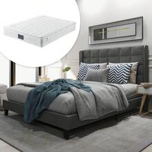 Upholstered Bed With Its Padded Headboard, Double Bed With Slatted Frame, 140x200cm, In Grey Linen, Medium Firm (With Spring Mattress) - Grey - View 6