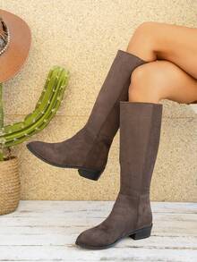 New Thick Heel Ankle Boots For Girl, Faux Suede, Slim Fit, Back Zipper, High Heel, Tall Shaft, Fashion Boots For Winter - Coffee Brown - View 2