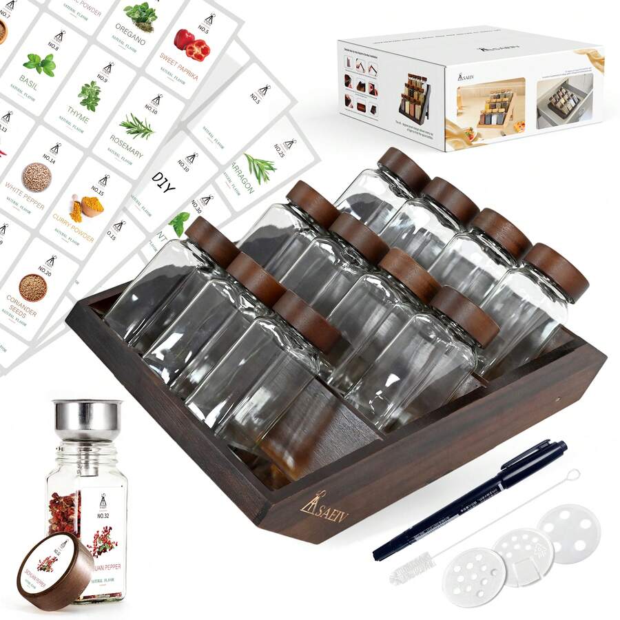 ERUIV Square Spice Jars, 2-In-1 Design With Acacia Wood Stand (FCM®) – Set Of 12 Spice Jars (120 Ml Each), Including Multiple Labels, Can Be Stood Upright And Is Suitable For Drawers – Spice Rack For Drawers And Spice Jars - 12香料罐+木架 - 查看 1