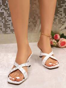 Sandalias de tacón alto con diseño cruzado elegante, de moda y cómodas de estilo retro para mujer, para el verano - Blanco - Ver 3
