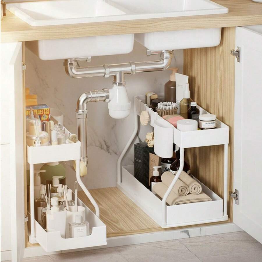 Aoshet 2 Tier Under Sink Storage Organizer, Kitchen Organization And Storage,Plastic Sliding Drawer, Multi-Purpose Rack For Bathroom & Kitchen, Black/White Cabinet Organizer - Phiên bản nâng cấp màu trắng (dày hơn) - Xem 1