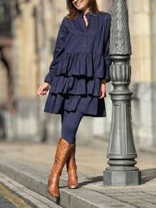 女士纯色休闲优雅荷叶边纽扣装饰日常穿着及海滩度假连衣裙，春秋季 - 藍色 - 查看 3