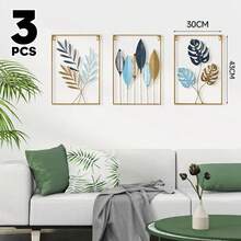 MOGONE Juego de 3 esculturas de pared de hierro rectangular,escultura artística colgante para sala de estar, recámara, baño, decoración interior y exterior (Hojas verdes doradas) - Azul BCE - Ver 7