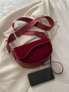 1pc Fashionable Solid Color Minimalist Velvet Flap Shoulder Bag, Suitable For Women's Daily Use And Gifts - Red - View 8