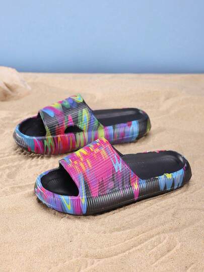 Fashionable Colorful Print EVA Boys & Girls Home Slippers, Non-Slip Wear-Resistant Soft Indoor Slippers, 1 Pair Cute Unisex Slippers