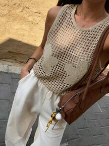 Women's Crochet Knit Sleeveless Hollow Out Semi-Sheer Knit Tank Top, Suitable For Summer Vacation - Khaki - View 1