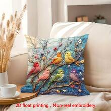 1件复古彩色鸟类装饰抱枕套（2D平面印花，非刺绣），色彩鲜艳的花卉鸟类印花，营造春日氛围，100%涤纶方形单面印花抱枕套，拉链封口，可机洗，适用于沙发、床、汽车、卧室和客厅，不含枕芯 - 彩色 - 查看 5