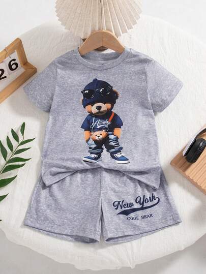 2pcs/Set Boys Casual Cartoon Print Round Neck Short Sleeve T-Shirt And Shorts Set, Summer