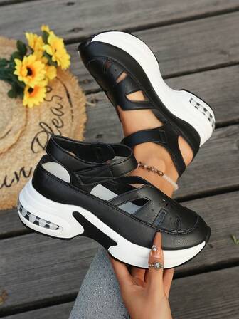Women's New Casual Sports & Resort Style Platform Closed Toe Hook & Loop Hollow Breathable Comfortable Fashionable Versatile Sandals