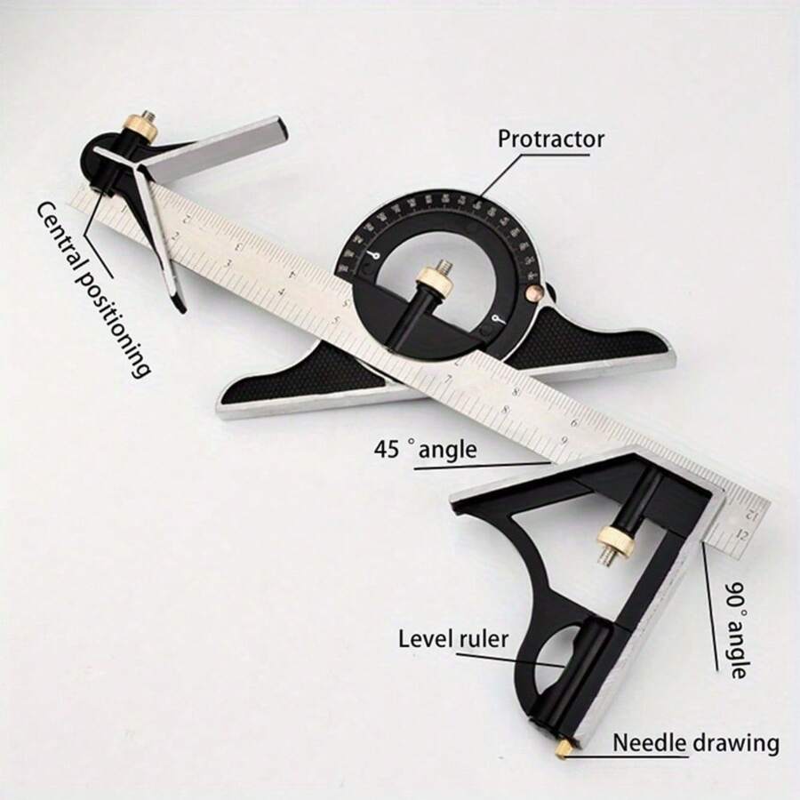 1 Set Multi-Purpose Leveling Tool - 300mm Stainless Steel T-Square & Protractor, Precision Measuring For Carpentry/Drafting/DIY - Type T Ruler Set - View 1