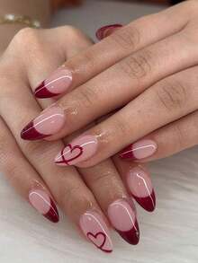 24片杏仁形红色法式美甲贴片，杏仁形完美适配亚克力美甲套装，包含：1片果冻胶和1个指甲锉，易于打造法式美甲和情人节美甲造型，适合女性日常工作和派对场合。 - 彩色 - 查看 1