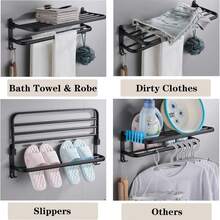 23.6 Inch Black Towel Rack, Suitable For Bathroom Towel Rack, With Double Bars, Wall Mounted Holder For Washroom, With Hooks, Stainless Steel Hotel Bathroom Rack (15/19/23.6 Inch) - Black - View 4