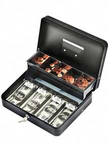 Large Capacity Secure Cash Box With Safety Spring Clip Lock - Heavy Duty Metal Structure, Comes With Removable Coin Tray And Cash Organizer, 4 Styles Available. Piggy Bank Design Option Available.