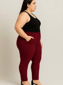 Plus Size Formal Pants Bengaline Fabric Stretch Very Feminine Elegant Double Button And Pocket - 紅木色 - 查看 2