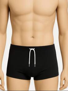 Men's Plain Lined Swim Trunks For Swimming And Beach - 黑色 - 查看 1