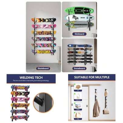 Snowboard Rack - 6 - Tier Skateboard Wall Mount Skateboard Rack U2013Snowboard Wall Mount U2013 Space - Saving Multi - Functional Storage Solution - Black