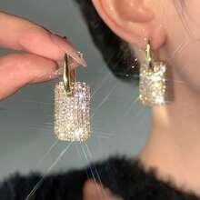 Rectangle Shape Full Shiny Rhinestone Inlaid Dangle Earrings Elegant Luxury Style Banquet Ear Ornaments - Vàng - Xem 7