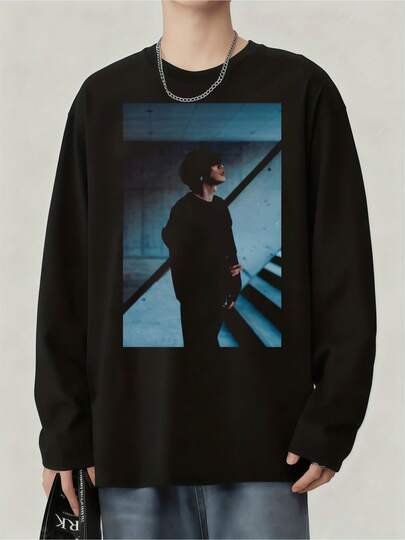 ダーク系アイドル雰囲気レトロコットングラフィックロングスリーブ T シャツ