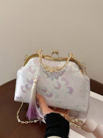 紫色蕾丝花卉材质手提包/单肩包/链条包，女士晚宴手拿包，完美适用于派对、婚礼、盛大晚宴、正式场合，可搭配婚纱、礼服、舞会礼服、生日礼服。