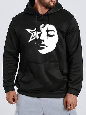 1 pièce sweat-shirt à capuche thermique imprimé graphique vintage, grande taille unisexe. Vêtement de rue décontracté pour l'extérieur, automne/hiver