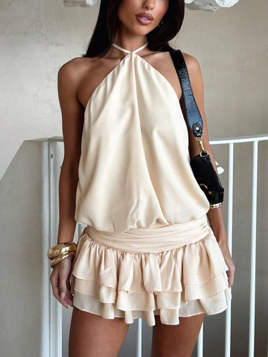 Women Pleated Halter Mini Dress Sleeveless Off The Shoulder Open Back Layered Ruffle Hem Bodycon Short Dress Summer Backless Ruched Tiered A-Line Going Out Dresses Party Club Beach Cute Dress - trắng - Xem 1
