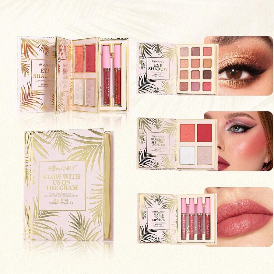 Compact 3-In-1 Flip Makeup Book, Space-Saving Travel Palette For Quick Eyeshadow Blush Highlighter Lip Gloss, 5-Minute Daily Makeup Essential, Gift For Busy Women