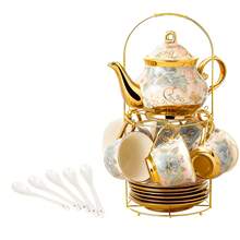 20 Pcs Porcelain Tea Set With Metal Holder, Adult Tea Set Gift, European Ceramic Tea Set For Adults, Flower Tea Cup Saucer Set For Spring Outing & Easter Party With Gold Flower Painting - 粉色 - 查看 6