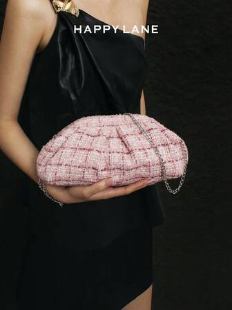 Bolso de cadena de tweed rosa HAPPYLANE, bolso de pliegues tipo dumpling, bolso cruzado de cadena de metal plateado, bolso de mano femenino y suave, bolso de hombro para citas y fiestas, bolso de mano de tweed rosa, diseño plisado, cadena cruzada plateada, dulce y llamativo