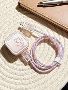 5个粉色郁金香线条印花充电器及数据线TPU保护壳，兼容苹果17W/40W快充 - 彩色 - 查看 6