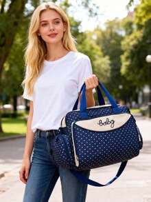 Baby Fashionable Polka Dot Large Capacity Multi Compartment Shoulder Diaper Bag For Outing - Navy Blue - View 5