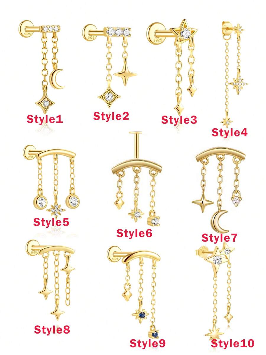 1 chiếc khuyên tai tua rua hình ngôi sao và mặt trăng bằng bạc Sterling 925, phong cách Punk thời Trung cổ, trang sức tinh tế, phù hợp để đeo hàng ngày, dự đám cưới, tiệc tùng, lễ đính hôn, kỷ niệm, ngày Valentine và các dịp khác.