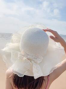 Mũ lưới chống nắng, mũ rơm mùa hè, mũ chống nắng đi biển, mũ polyester thắt nơ, chống gió, chống tia UV, thời trang đa năng, thích hợp cho mùa xuân và mùa hè. - mũ - Xem 16