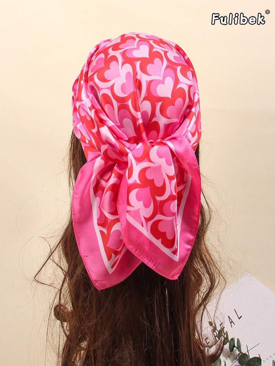 1pc Faux Silk Printed Bandana, Fashion Versatile Neckerchief Suitable For Daily Use - Hot Pink - View 1