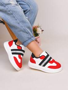 1 Pair New Fashion Easy Slip-On Toddler Kids Sports Shoes, Classic Versatile Flat Casual Sneakers For Boys And Girls, Lightweight Outdoor Running Shoes, All Season - Red and White - View 1