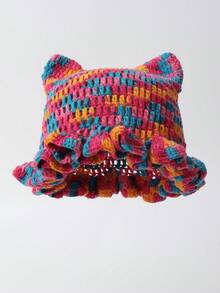 1pc Women's Colorful Cute Cat Ear Handmade Knitted Hat, Fashionable Warm Decorative Hat For Autumn/Winter, Knitted Beanie For Spring/Fall - Knitted Hat - View 2