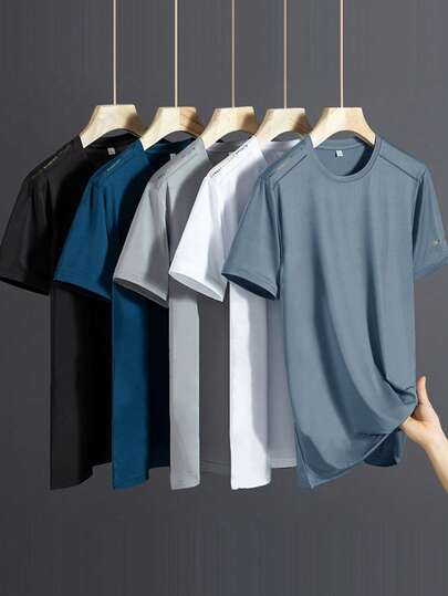 5pcs/Set Men's Quick Dry T-Shirts, Soft & Stretchy Hiking Fishing Breathable Short Sleeve Tees, Outdoor Sports Tops For Summer