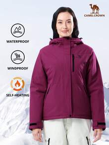 CAMEL CROWN 女士防水滑雪服，防风连帽冬季外套，带保暖内衬，适合户外徒步 - 紫色 - 查看 1