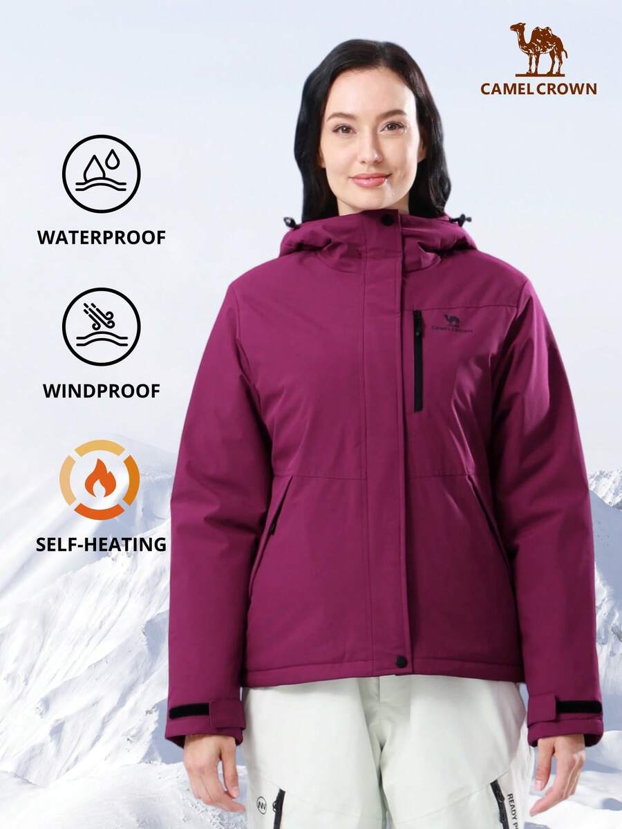 CAMEL CROWN 女士防水滑雪服，防风连帽冬季外套，带保暖内衬，适合户外徒步 - 紫色 - 查看 1