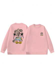 New Year Outfit Women Men Street Style Fashion Crew Neck Sweatshirt God Is Good Car Under Coconut Tree Print Pattern 2025 Autumn Winter Bestselling New  Fashion Long Sleeve Fleece Thickened Essential Classic Basic Style Lazy Style Casual Top Commuting Casual Simple Comfortable Versatile Loose And Comfortable Fall Clothes For Women - 粉紅色 - 查看 2