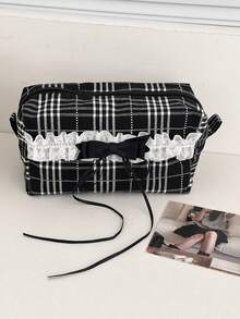 1pc Black Bow Decor Cosmetic Bag, Portable Makeup Handbag, Multi-Functional Makeup Pouch, Y2K Style Makeup Bag, Large Capacity Cosmetic Case, Zipper Makeup Bag, Cute Plaid Print Skincare & Cosmetics Storage Bag, Travel Toiletry Bag, Travel Essential, Vacation, Back To School, Study Supplies - Black and White - View 2