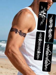 海娜纹身模板 海娜手绘镂空纹身模板 极简图腾几何图案 海娜贴纸 适用于手、脚、肩、颈、锁骨 半永久性假纹身贴纸 1套 - 黑色 - 查看 1